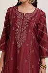 Priya Chaudhary_Maroon Chanderi Silk Embroidery Split V-neck Floral Kurta And Pant Set _at_Aza_Fashions
