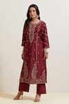 Shop_Priya Chaudhary_Maroon Chanderi , Organza, Embroidery Split V-neck Floral Kurta Set _Online_at_Aza_Fashions