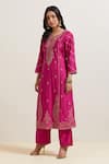 Buy_Priya Chaudhary_Pink Chanderi Silk Embroidery Split V-neck Paisley Kurta _at_Aza_Fashions