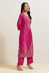 Shop_Priya Chaudhary_Pink Chanderi Silk Embroidery Split V-neck Paisley Kurta _Online_at_Aza_Fashions