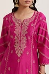 Priya Chaudhary_Pink Chanderi Silk Embroidery Split V-neck Paisley Kurta _at_Aza_Fashions