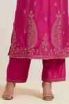 Priya Chaudhary_Pink Chanderi Silk Embroidery Split V-neck Paisley Kurta And Pant Set _Online_at_Aza_Fashions