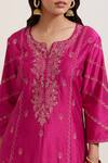 Priya Chaudhary_Pink Chanderi Silk Embroidery Split V-neck Paisley Kurta And Pant Set _at_Aza_Fashions
