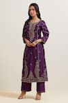 Buy_Priya Chaudhary_Purple Chanderi Silk Embroidery Split V-neck Floret Kurta _at_Aza_Fashions
