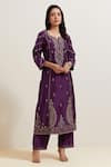 Priya Chaudhary_Purple Chanderi Silk Embroidery Split V-neck Floret Kurta _Online_at_Aza_Fashions