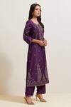 Priya Chaudhary_Purple Chanderi Silk Embroidery Split V-neck Floret Kurta And Pant Set _Online_at_Aza_Fashions