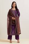 Priya Chaudhary_Purple Chanderi Silk Embroidery Split V-neck Floret Kurta And Pant Set _at_Aza_Fashions