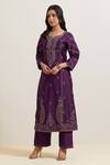 Shop_Priya Chaudhary_Purple Chanderi Silk, Organza Embroidery Split V-neck Floret Kurta Set _Online_at_Aza_Fashions
