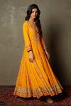Shop_RI.Ritu Kumar_Yellow Anarkali Rayon Crepe Printed And Hand Embroidered Floral Aari Work Set _Online_at_Aza_Fashions