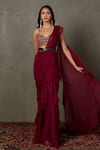 Buy_RI.Ritu Kumar_Wine Viscose Chinon Embroidered Thread Sweetheart Pre-draped Saree With Blouse _at_Aza_Fashions