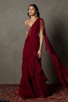 RI.Ritu Kumar_Wine Viscose Chinon Embroidered Thread Sweetheart Pre-draped Saree With Blouse _at_Aza_Fashions