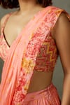 RI.Ritu Kumar_Coral Viscose Chinon Printed And Embroidered Polka Pre-draped Saree With Blouse _at_Aza_Fashions