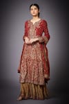 Buy_RI.Ritu Kumar_Red Silk Chinnon Printed Floral Notched And Embroidered Kurta Set _at_Aza_Fashions