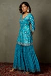 RI.Ritu Kumar_Blue Silk Flat Dupion Printed Geometric V Neck Kurta Gharara Set _Online_at_Aza_Fashions