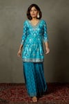 Shop_RI.Ritu Kumar_Blue Silk Flat Dupion Printed Geometric V Neck Kurta Gharara Set _Online_at_Aza_Fashions