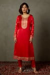 RI.Ritu Kumar_Red Silk Satin Embroidery Aari Round Yoke Kurta Set _at_Aza_Fashions
