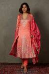 Buy_RI.Ritu Kumar_Coral Silk Satin Embroidery Zari Thread Blunt V Neck Hand Kurta Set_at_Aza_Fashions