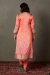 Shop_RI.Ritu Kumar_Coral Silk Satin Embroidery Zari Thread Blunt V Neck Hand Kurta Set_at_Aza_Fashions