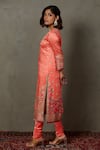 RI.Ritu Kumar_Coral Silk Satin Embroidery Zari Thread Blunt V Neck Hand Kurta Set_Online_at_Aza_Fashions