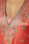 Shop_RI.Ritu Kumar_Coral Silk Satin Embroidery Zari Thread Blunt V Neck Hand Kurta Set_Online_at_Aza_Fashions