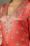 RI.Ritu Kumar_Coral Silk Satin Embroidery Zari Thread Blunt V Neck Hand Kurta Set_at_Aza_Fashions