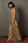 RI.Ritu Kumar_Gold Silk Tissue Crush Printed Floral Leaf Aari Embroidered Kurta Palazzo Set _Online_at_Aza_Fashions