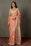 Buy_RI.Ritu Kumar_Coral Silk Organza Embroidered Aari Leaf Saree With Blouse _at_Aza_Fashions