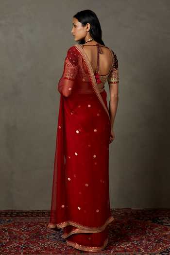 Linen cotton saree with gold zari x Polka dots : Pink