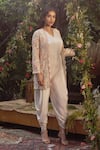 Samatvam by Anjali Bhaskar_Ivory Blended Crepe Embroidered Thread V Shaheen Dhoti Jumpsuit And Jacket Set _Online_at_Aza_Fashions