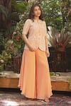 Shop_Samatvam by Anjali Bhaskar_Peach Blended Crepe Embroidered Thread Zurine Jacket With Pant _Online_at_Aza_Fashions