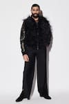 Buy_Varun Bahl_Black Brocade, Suede Feathers Embroidered Bomber Jacket And Trouser Set _at_Aza_Fashions