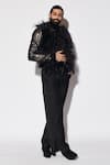Shop_Varun Bahl_Black Brocade, Suede Feathers Embroidered Bomber Jacket And Trouser Set _at_Aza_Fashions