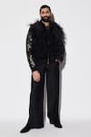 Varun Bahl_Black Brocade, Suede Feathers Embroidered Bomber Jacket And Trouser Set _Online_at_Aza_Fashions