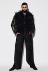 Buy_Varun Bahl_Black Brocade, Suede Feathers Embroidered Bomber Jacket And Trouser Set _Online_at_Aza_Fashions
