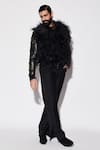 Shop_Varun Bahl_Black Brocade, Suede Feathers Embroidered Bomber Jacket And Trouser Set _Online_at_Aza_Fashions