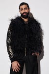 Varun Bahl_Black Brocade, Suede Feathers Embroidered Bomber Jacket And Trouser Set _at_Aza_Fashions