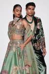 Shop_Varun Bahl_Green Velvet Embroidered Floral Suit And Trouser Set  _Online_at_Aza_Fashions