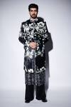Varun Bahl_Black Velvet, Chanderi Sequins, Embroidery Floral Print Sherwani Set _Online_at_Aza_Fashions