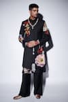 Shop_Varun Bahl_Black Chanderi Applique Velvet Sherwani Set _Online_at_Aza_Fashions