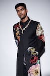 Varun Bahl_Black Chanderi Applique Velvet Sherwani Set _at_Aza_Fashions