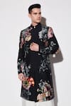 Shop_Varun Bahl_Black Cotton, Silk Sequins, Beads Printed Sherwani Set _Online_at_Aza_Fashions