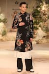 Varun Bahl_Black Cotton, Silk Sequins, Beads Printed Sherwani Set _at_Aza_Fashions