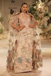 Shop_Varun Bahl_Beige Net, Crepe Sequins, Embroidery Halter Flower Vine Pattern Gown With Cape _at_Aza_Fashions
