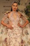 Varun Bahl_Beige Net, Crepe Sequins, Embroidery Halter Flower Vine Pattern Gown With Cape _Online_at_Aza_Fashions