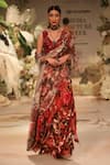 Buy_Varun Bahl_Red Dupion Silk Blossom Print Saree Gown _at_Aza_Fashions