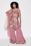 Shop_Varun Bahl_Pink Silk Dupion Printed Sequin Blossom Cut-out Kurta Sharara Set  _at_Aza_Fashions