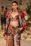 Varun Bahl_Black Velvet Floral Print Jacket Pant Set _Online_at_Aza_Fashions