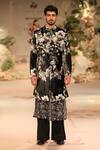 Buy_Varun Bahl_Black Velvet, Chanderi Sequins, Embroidery Floral Print Sherwani Set _at_Aza_Fashions