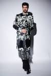 Shop_Varun Bahl_Black Velvet, Chanderi Sequins, Embroidery Floral Print Sherwani Set _at_Aza_Fashions