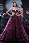 Buy_Dolly J_Maroon Organza Crystals, Embroidery Split V-neck Lone Floral Print Gown _at_Aza_Fashions